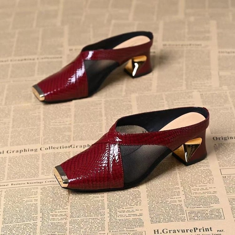 金属方头粗跟包头半拖鞋女夏外穿2025新款网纱透气漆皮气质小皮鞋