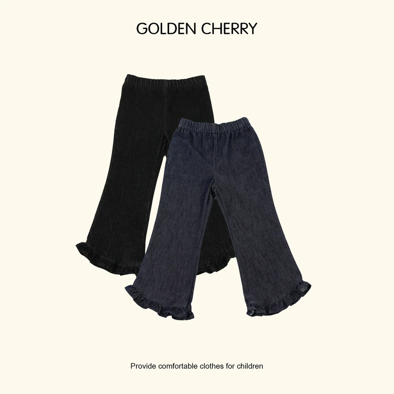【Golden cherry】儿童麻黑色波浪花边喇叭牛仔裤285010