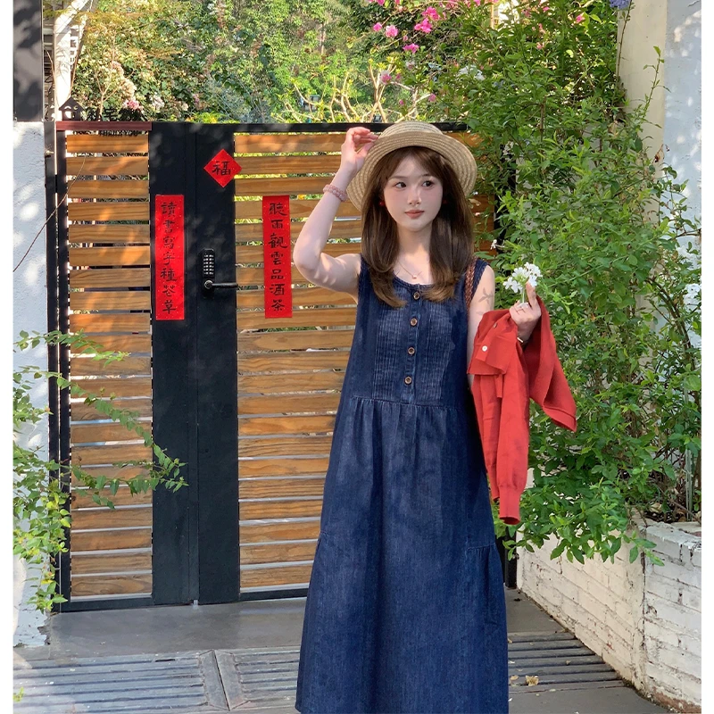 FUGUI RICH小个子牛仔连衣裙女早春新款无袖背心裙子 26241L9543