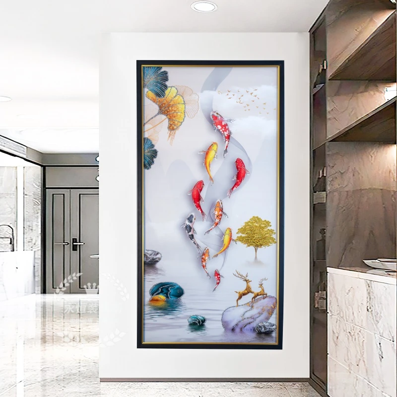 A28玄关九鱼时尚轻奢纯手工钢化玻璃装裱高端现代装饰画