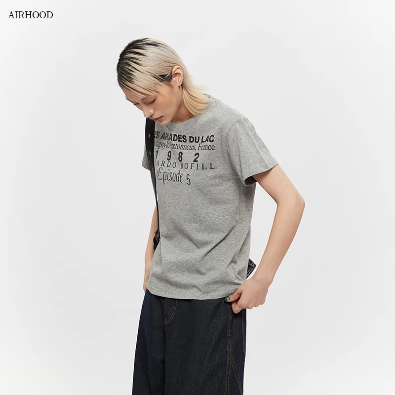 AIRHOOD 潮牌字母印花圆领短袖T恤女复古百搭正肩短款上衣N5140
