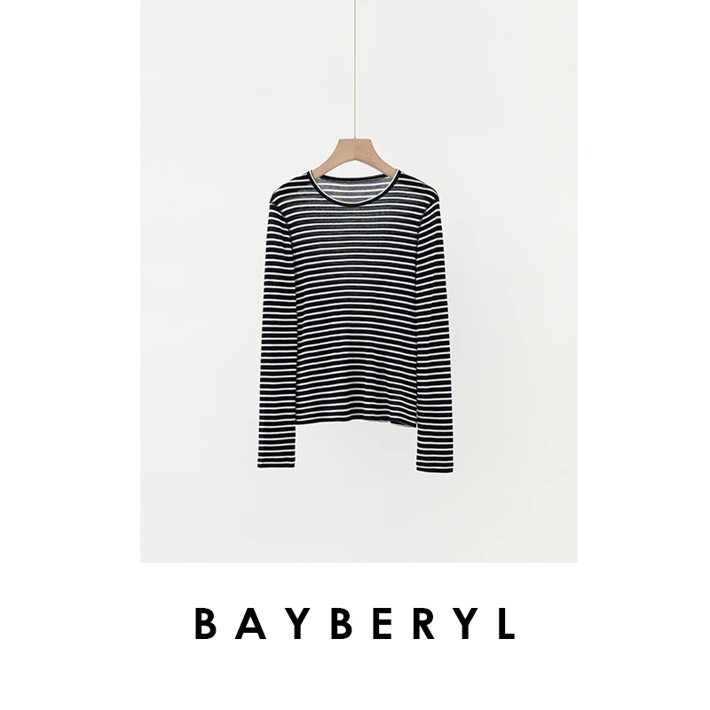 CC09-BAYBERYL老贝层次条*藏青白条纹圆领秋修身T恤NT5B1641-4/27