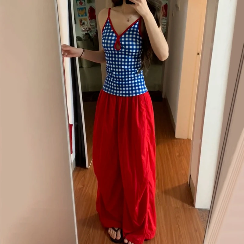 美式甜辣妹格子V领吊带背心女夏2025新款无袖上衣阔腿裤套装2146