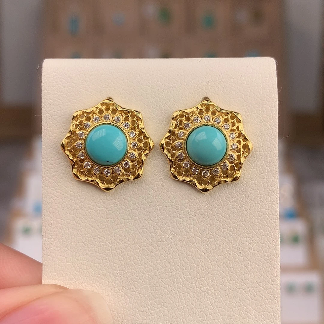 绿松石银S925镶嵌耳饰