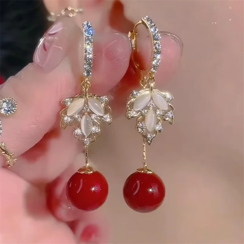 铜合金耳饰 新年红色圆珠枫叶耳扣庄周梦蝶安可拉红叶子耳环耳坠