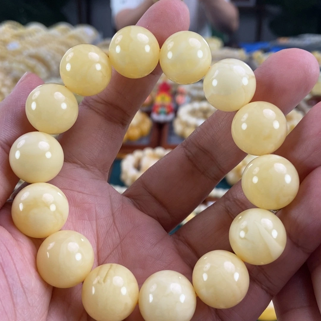琥珀未镶嵌珠宝奇石16浓白花蜡手串36.5