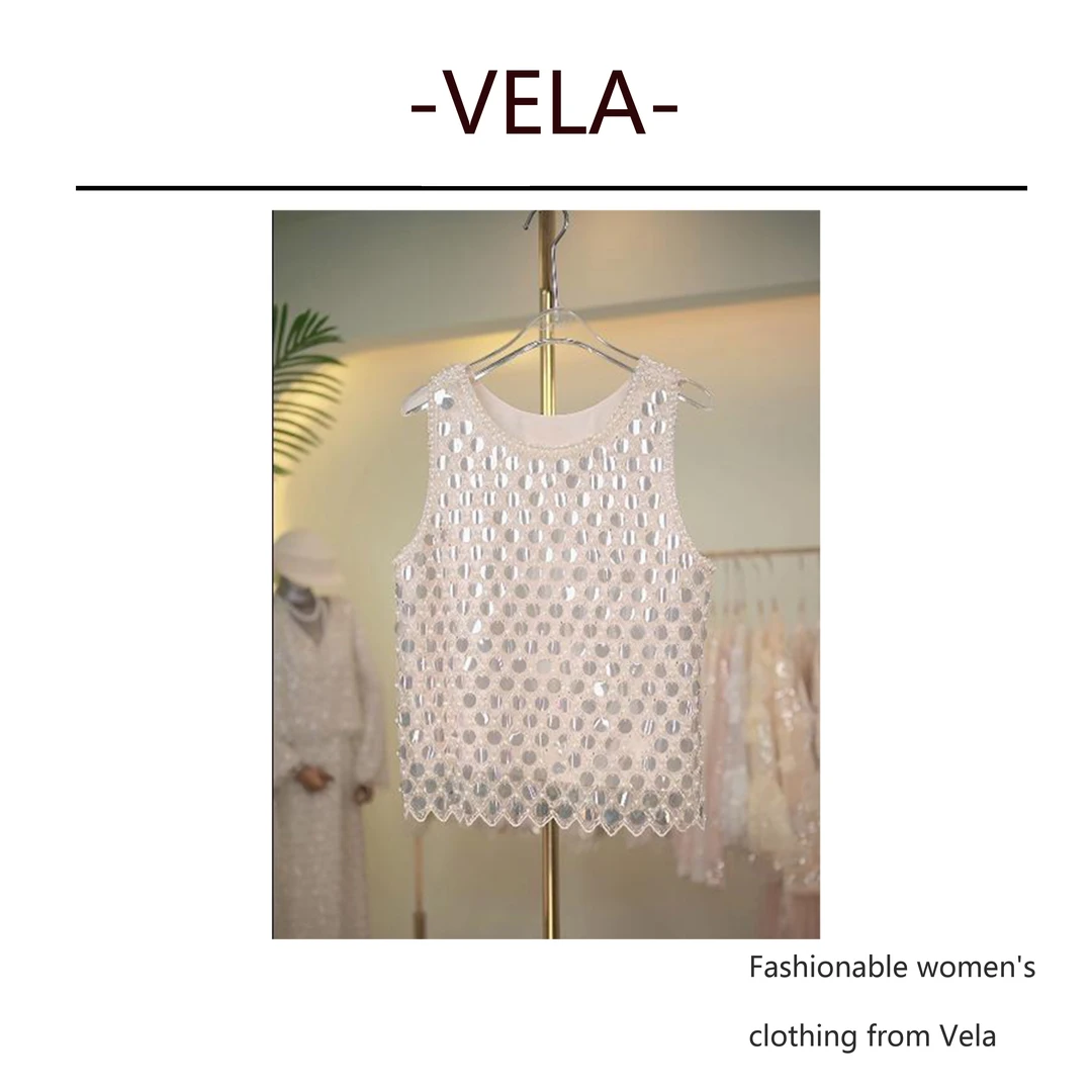 VELA 大亮片背心杏色粉色圆领圆圆亮片设计感重工轻奢上衣女