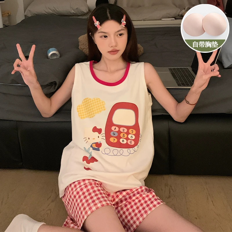 学生睡衣女款夏季自带胸垫2025年新款可爱无袖背心薄款家居服套装