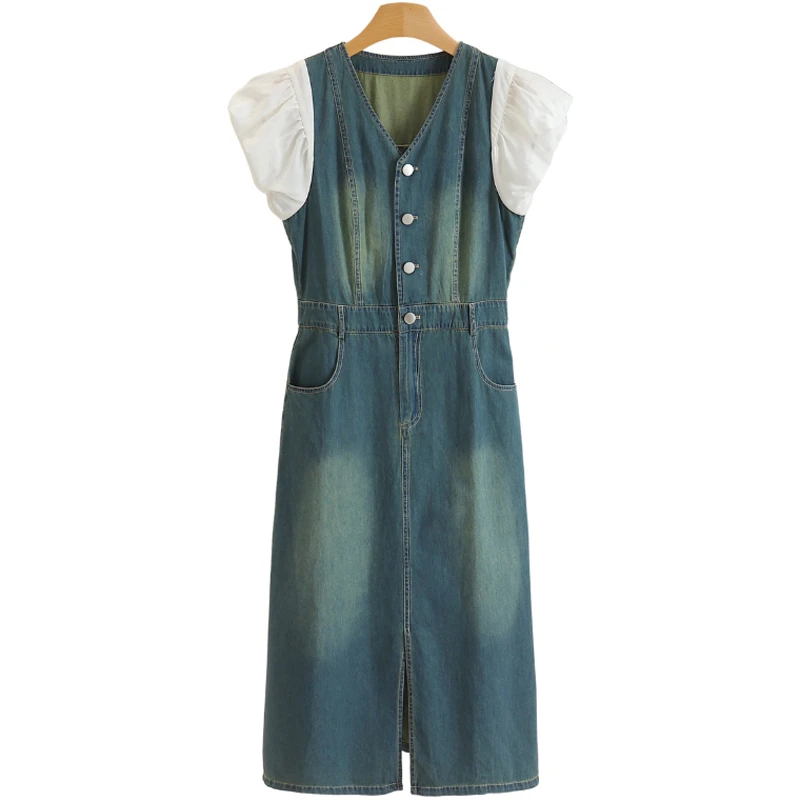 F439-【惠】拼接袖V领显瘦开叉牛仔连衣裙#QQB56L122