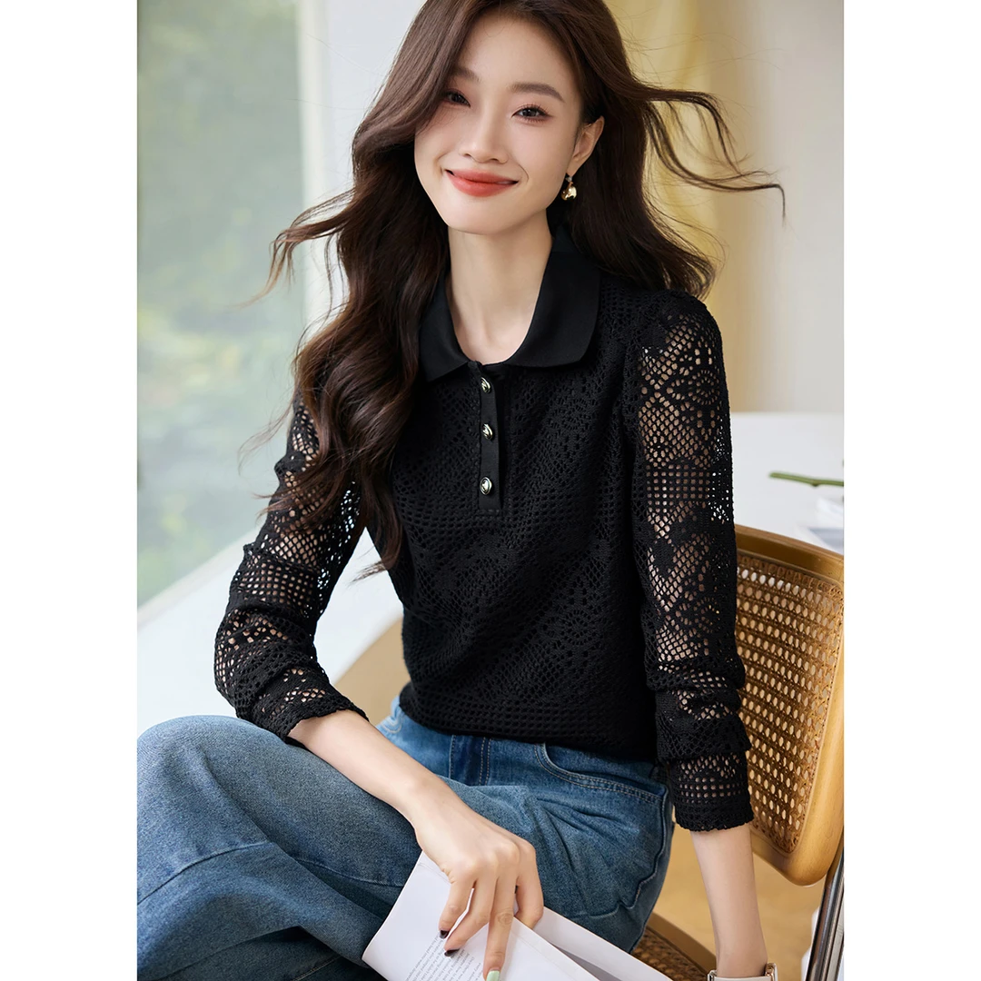 沫晗依美【直播】2025春季新款气质镂空肌理蕾丝翻领内搭泡泡袖衬衫