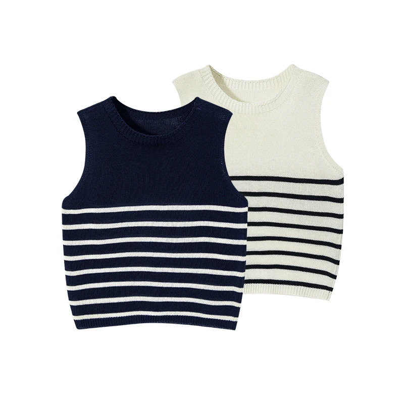 RAIN.CUN诗成·法式气质无袖宽松圆领亚麻条纹背心上衣女JY11705