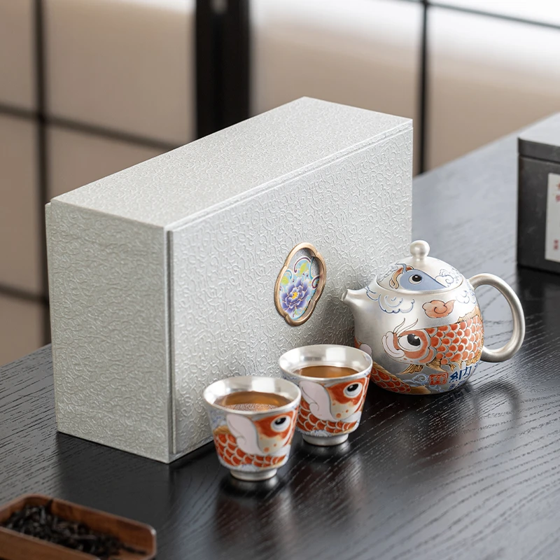 纯银999家用茶杯个人品茗杯陶瓷中式高档鎏银主人杯套装轻奢礼盒