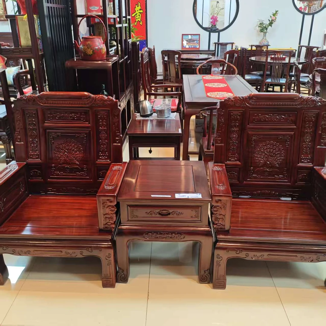 南美酸枝 金钱孔雀三件套尺寸：长220*宽65*坐高40*总高113