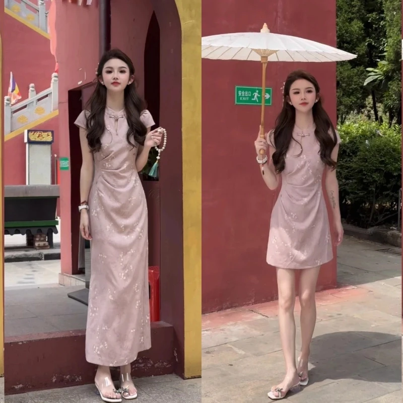 2025夏季新款复古清冷感独特温柔修身收腰改良提花旗袍中长连衣裙