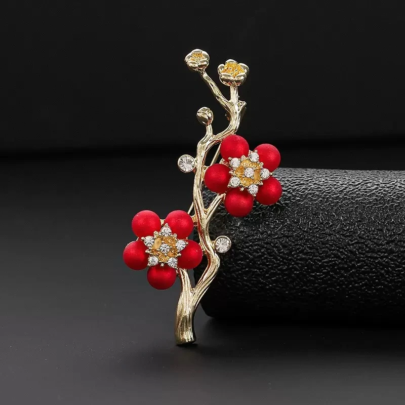 铜合金合成锆石胸针 铜合金【一枝红梅胸针】XZ-030