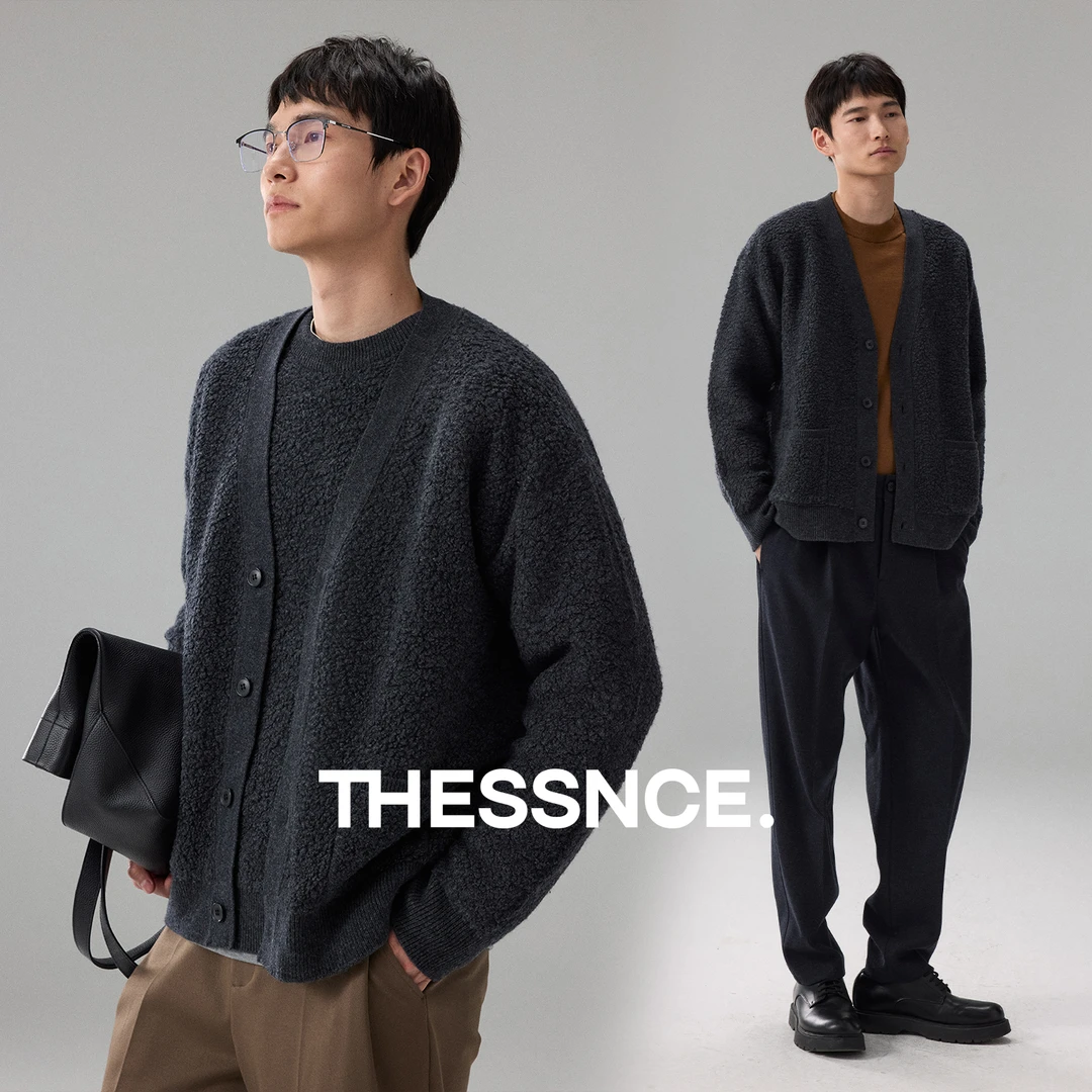 限量精工集圈工艺治愈系全羊毛颗粒绒宽松男士冬季落肩针织开衫