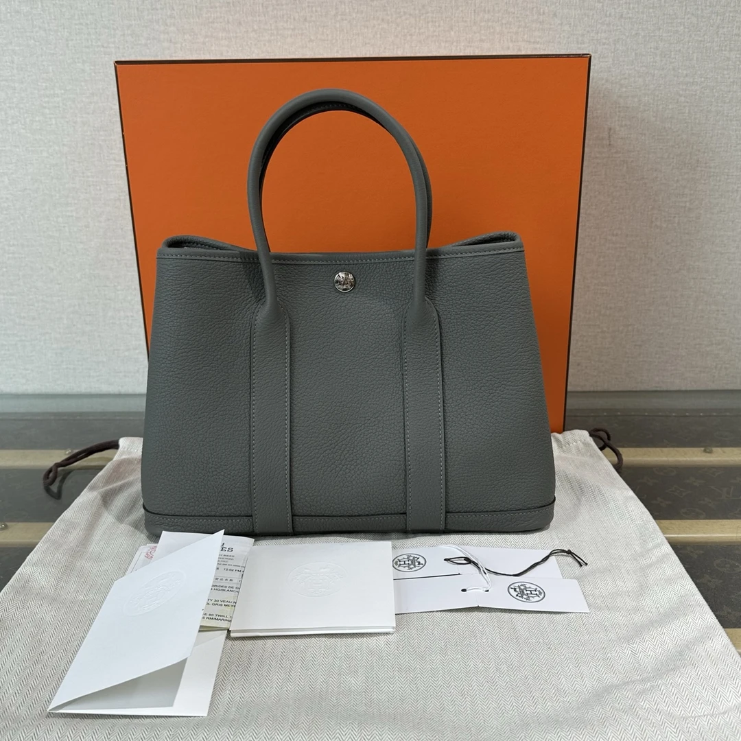 99新 Hermes/爱马仕 积雨云灰银扣花园30手提袋 12775