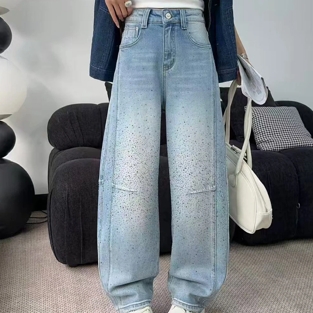 730(2026新款春款)美式显瘦烫钻弯刀阔腿牛仔裤