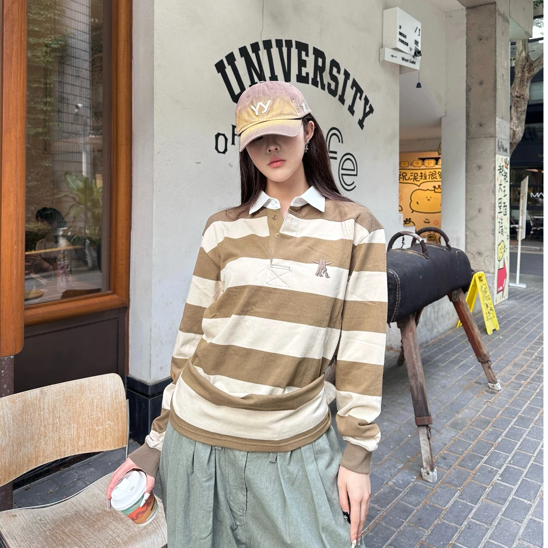 河岸家买手店OPEN YY下摆系带撞色条纹POLO领长袖T恤女25早秋