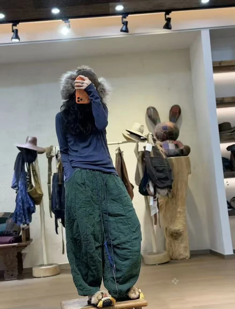 衣牧了然色织亚麻手工抽绳竖条踩线棉裤250738