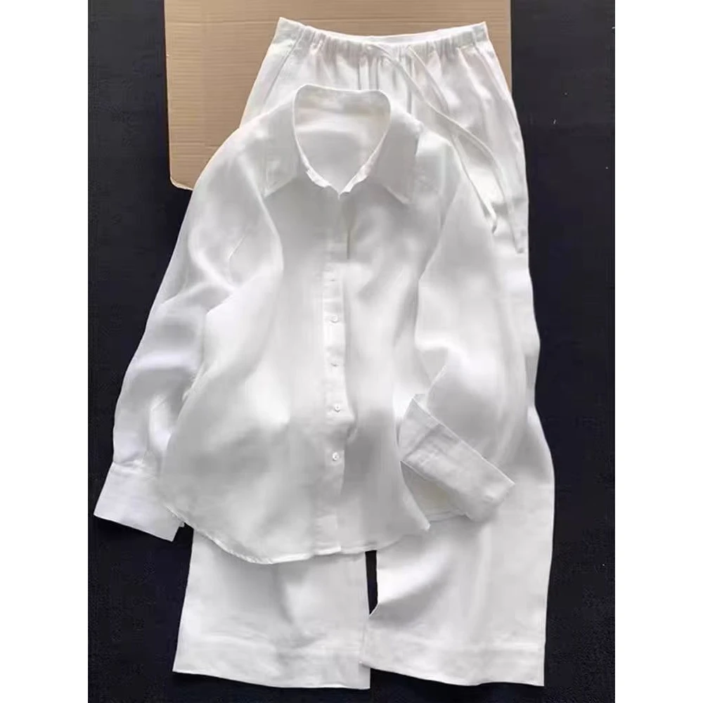 巨炸裂！质感绝绝子！法式轻薄白色衬衫女装时尚小众休闲阔腿裤套装