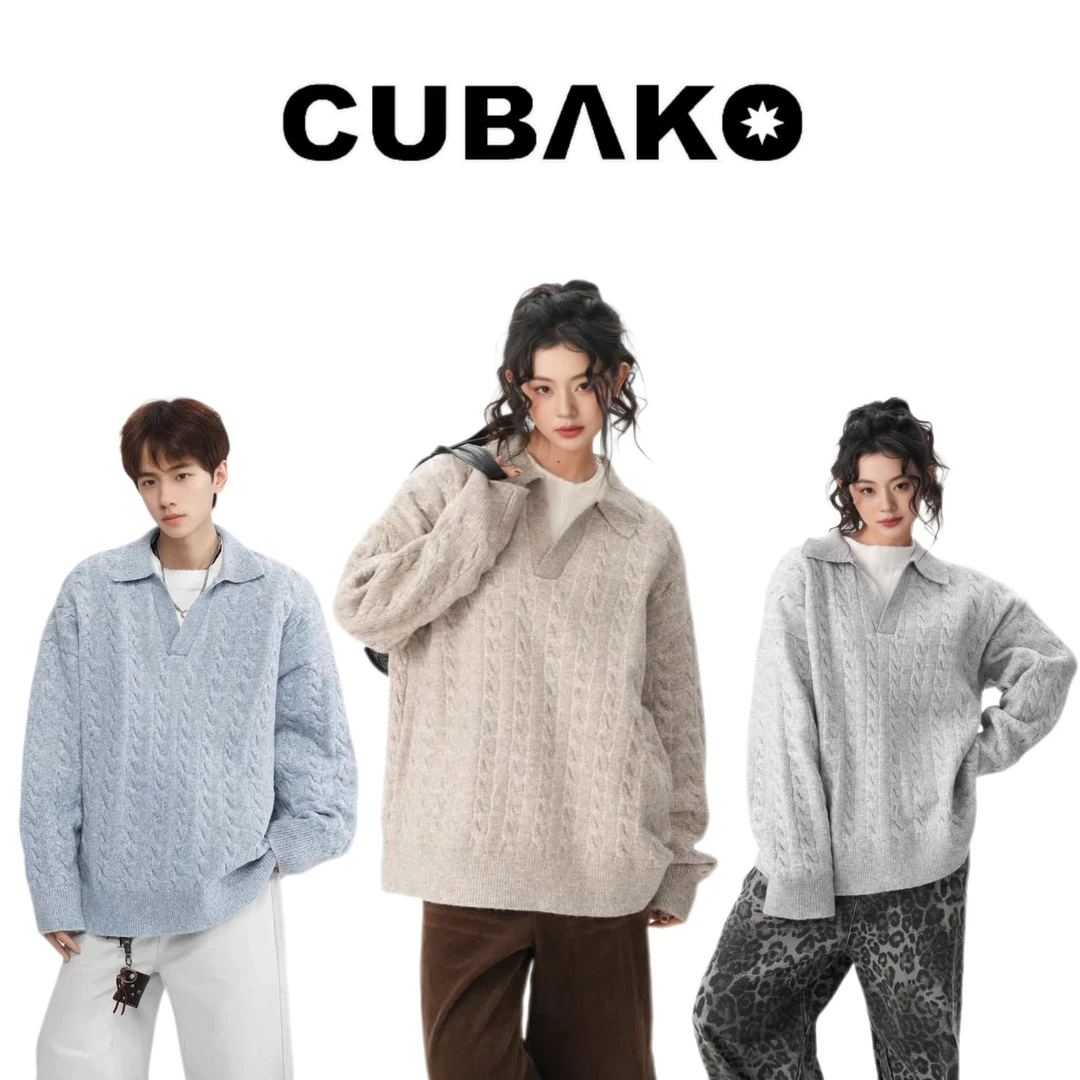 美式休闲假两件翻领套头麻花毛衣秋冬百搭长袖纯色针织衫打底衫