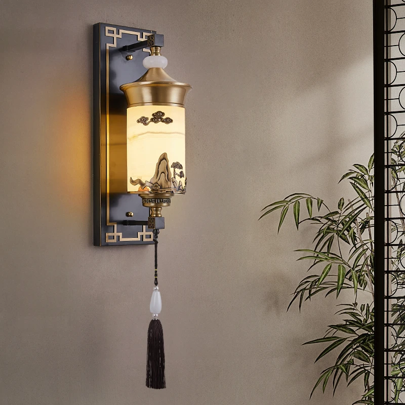 新中式全铜壁灯天然玉石灯中国风客厅背景墙灯禅意书房卧室床头灯