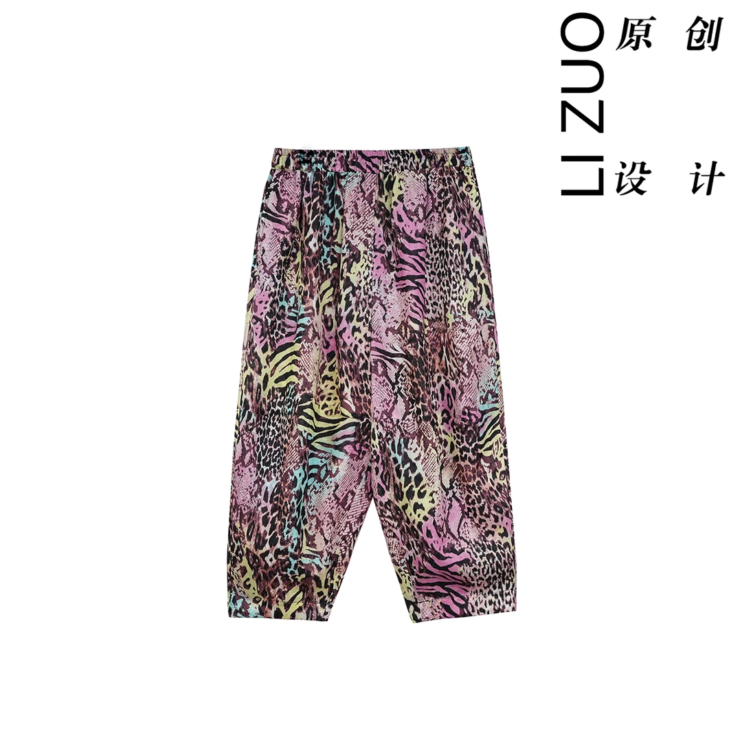大码胖mm42支苎麻印花时尚松紧腰奶奶裤9252