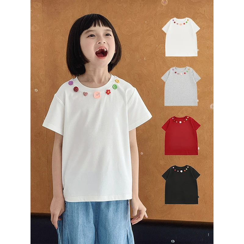 YOEHYAUL/幼悠幼悠女童夏装中大童领口装饰短袖T恤CD1663