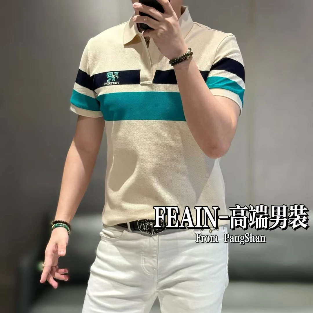 高端定制很条纹拼色撞色高精密度刺绣胸标男士短袖Polo1037