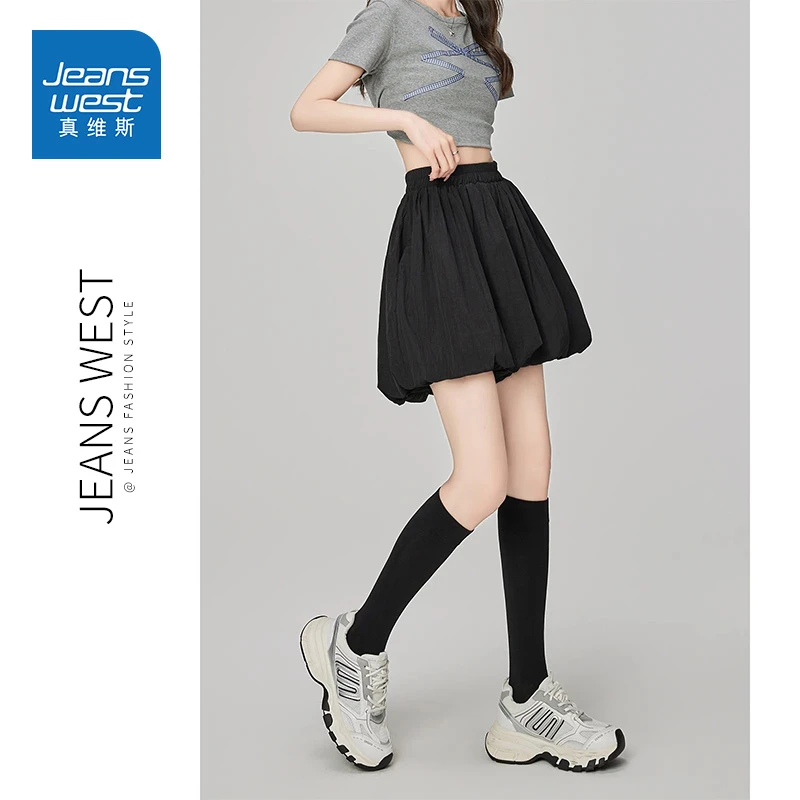 真维斯黑色花苞裙裤女夏季高腰休闲阔腿短裤小个子蓬蓬灯笼裤裙潮