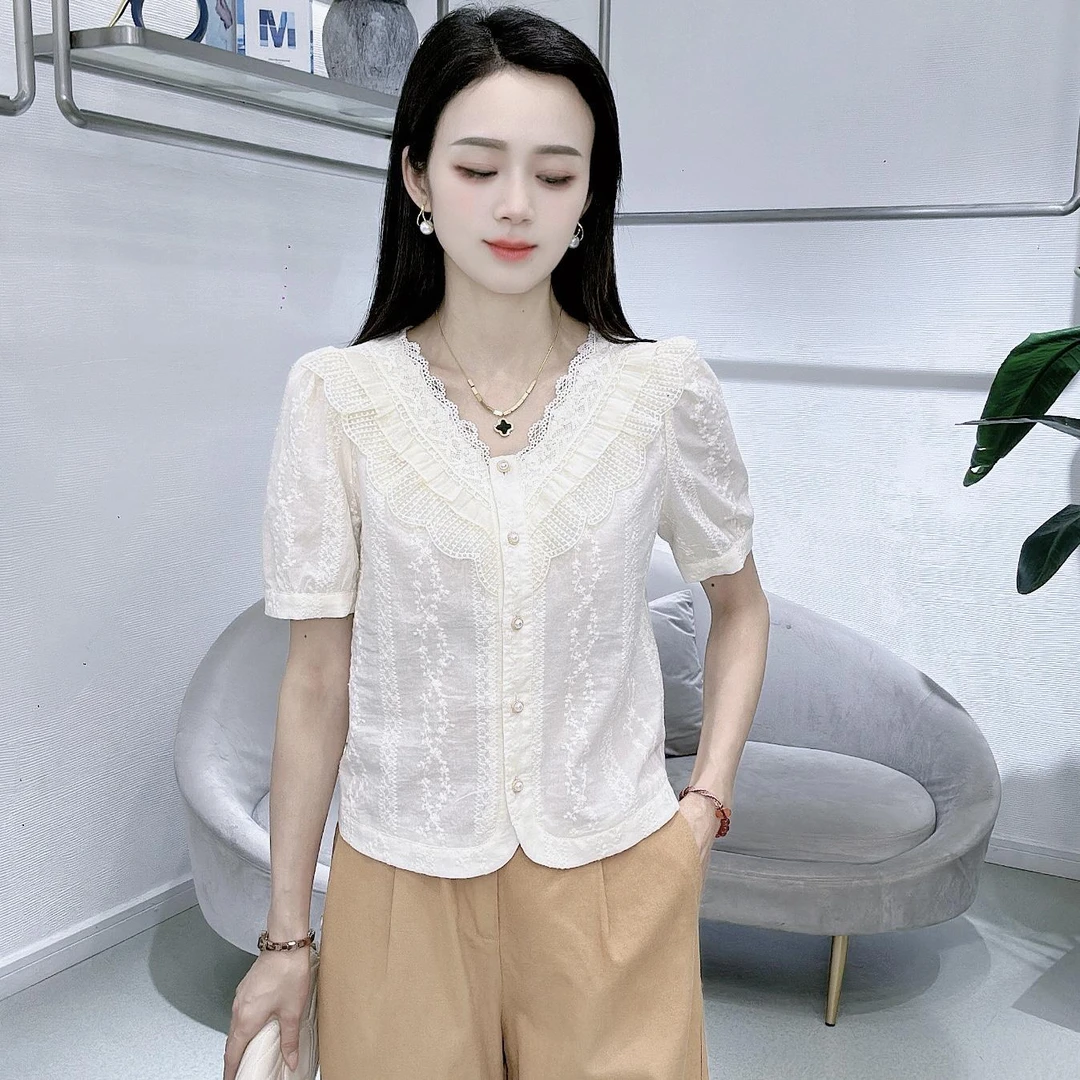 时尚洋气蕾丝花边V领短袖衬衫女夏季新款小个子气质百搭显瘦上衣
