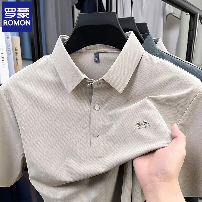 罗蒙高级感无痕抗皱短袖T恤男士速干翻领POLO衫宽松商务休闲男装