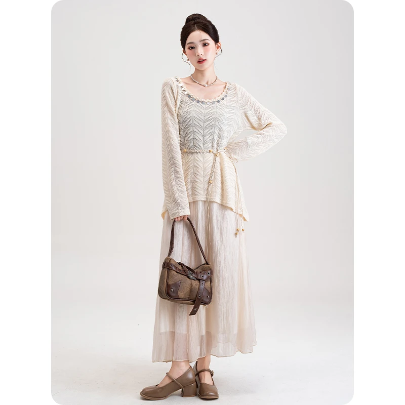 文艺复古风三件套2024秋季新款镂空针织衫上衣女吊带半身纱裙套装