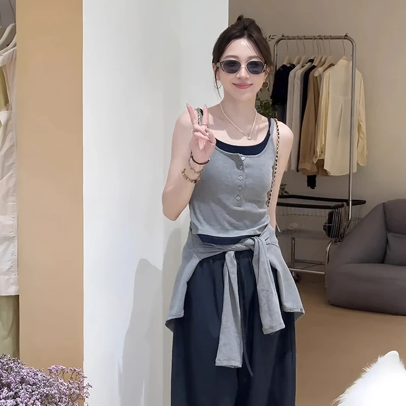 韩系撞色拼接背心外搭长袖开衫两件套女2025早秋新款减龄洋气上衣