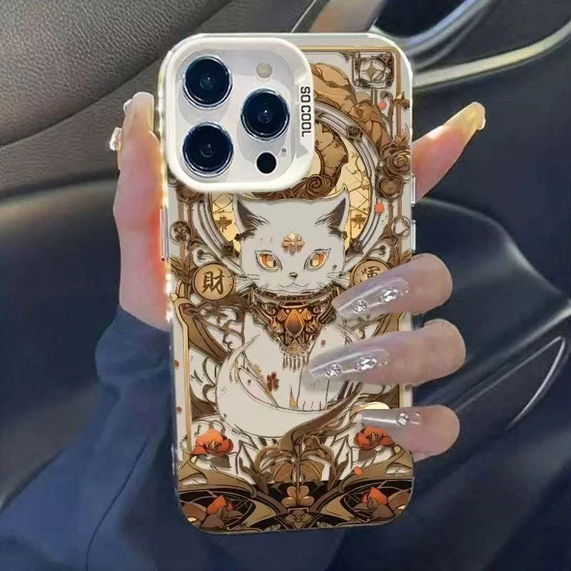 暴富财运小猫适用苹果16promax手机壳可爱情侣plus镭射11彩银防摔