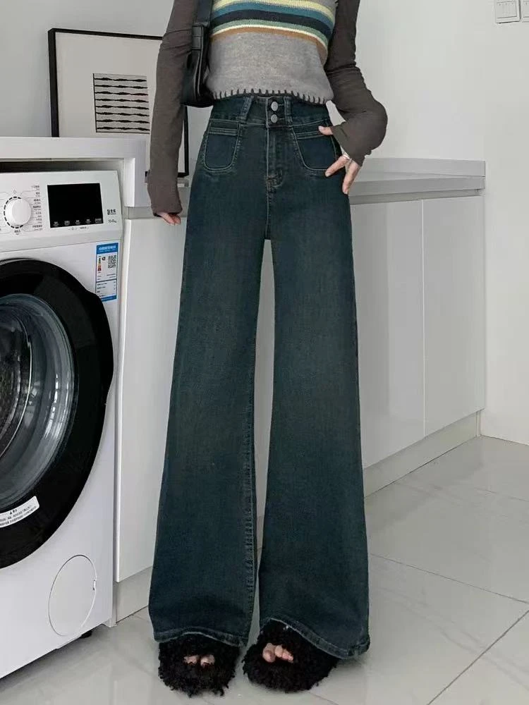 3460大码女装简约百搭潮流复古阔腿直筒垂感微喇水洗牛仔裤A2-961