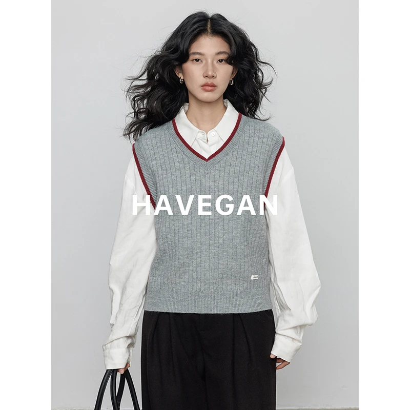 与间HAVEGAN/冬季撞色v领无袖针织马甲背心女软糯叠穿通勤上衣