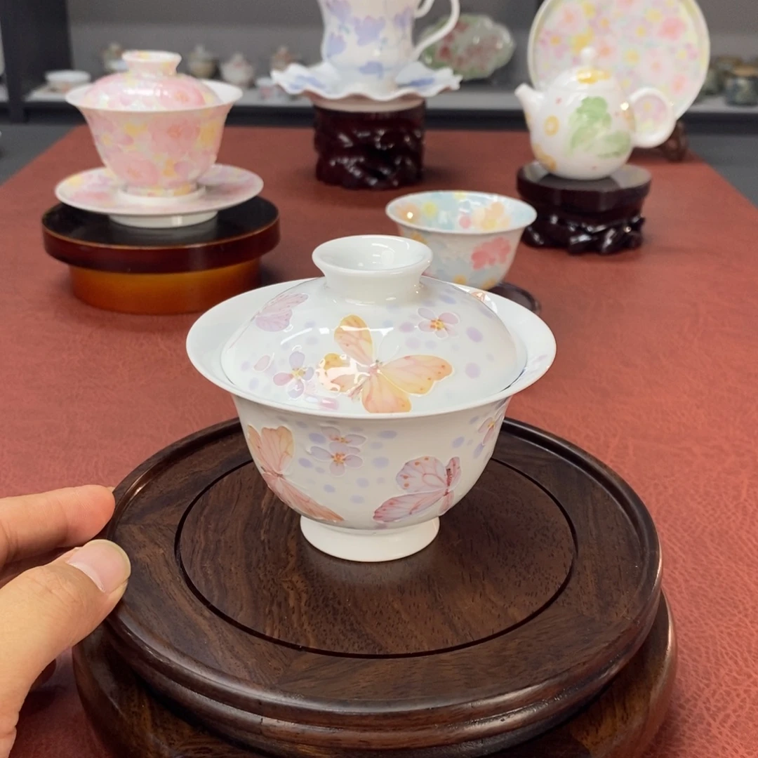 蝶恋花盖碗釉下手绘高温