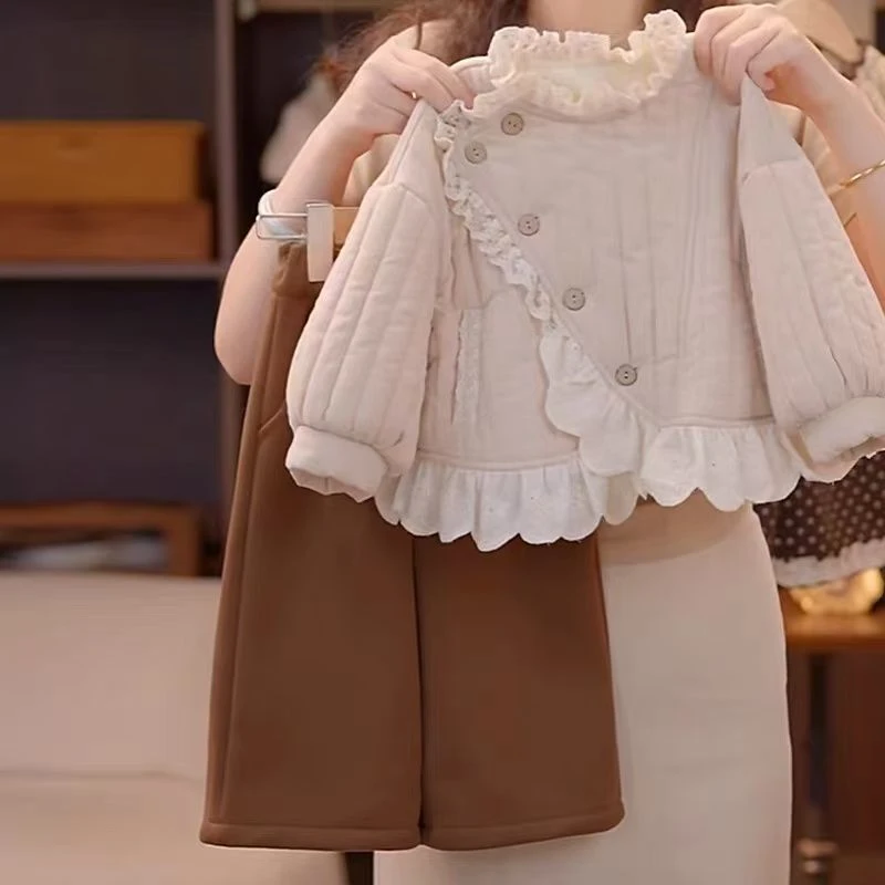 女童秋冬套装2025秋冬款绗线蕾丝花边千金风套装森系厚款休闲风潮