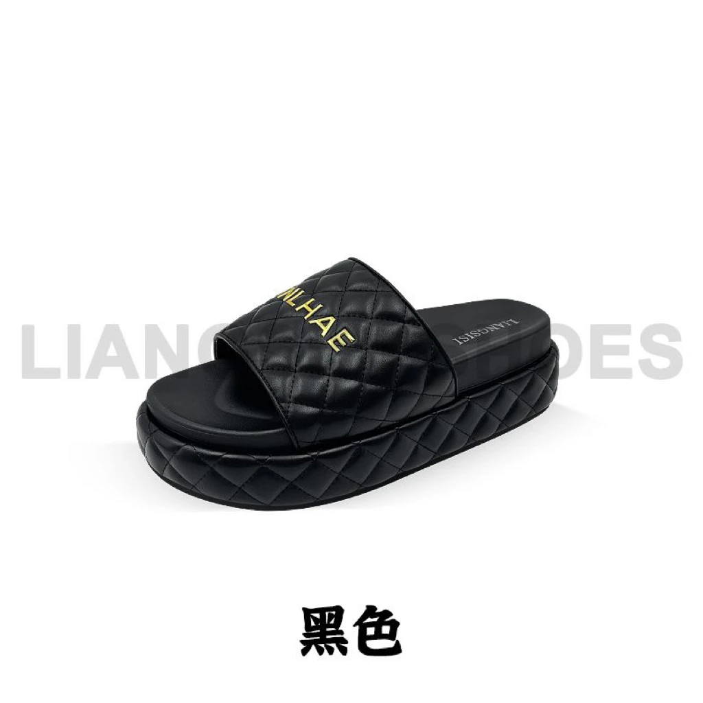 时尚小香风厚底日常一字型韩版一字拖休闲黑色女鞋夏季-HT719