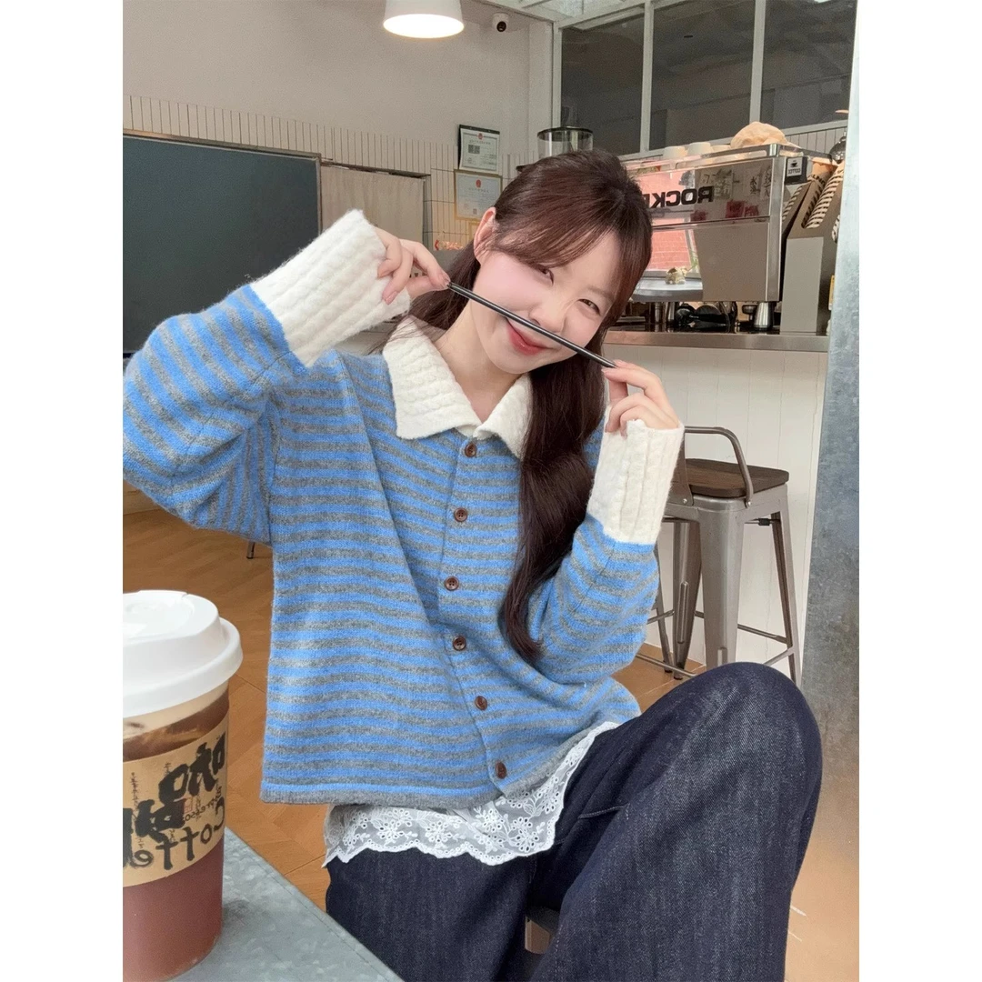 温温柔柔复古撞色条纹翻领毛衣外套女秋季设计感针织开衫宽松上衣