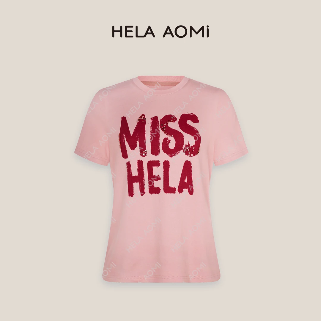 HELAAOMI“赫拉女孩”夏季圆领字母印花亮片装饰短袖T恤CY5AX23028
