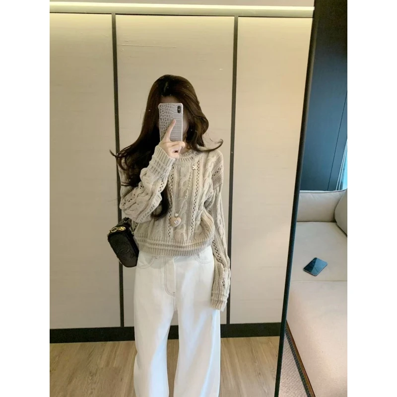 温柔慵懒风时髦气质显瘦长袖针织衫高腰白色宽松垂感阔腿长裤套装