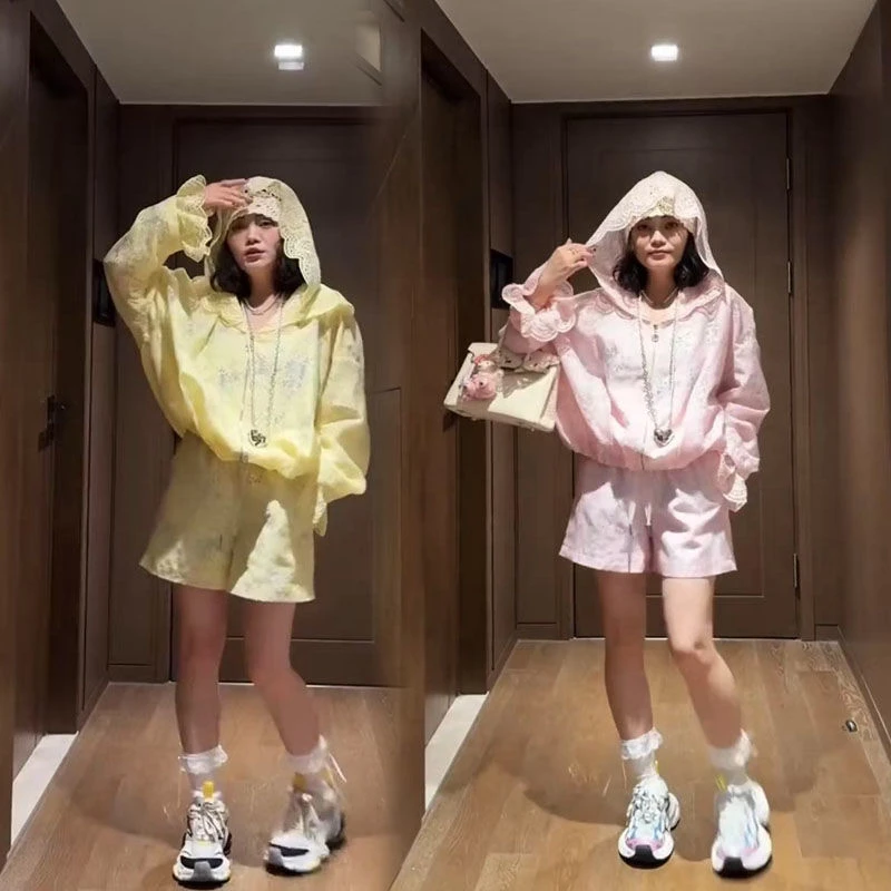 2025春季网红新款时尚套装女欧货减龄蕾丝拼接防晒连帽外套+短裤
