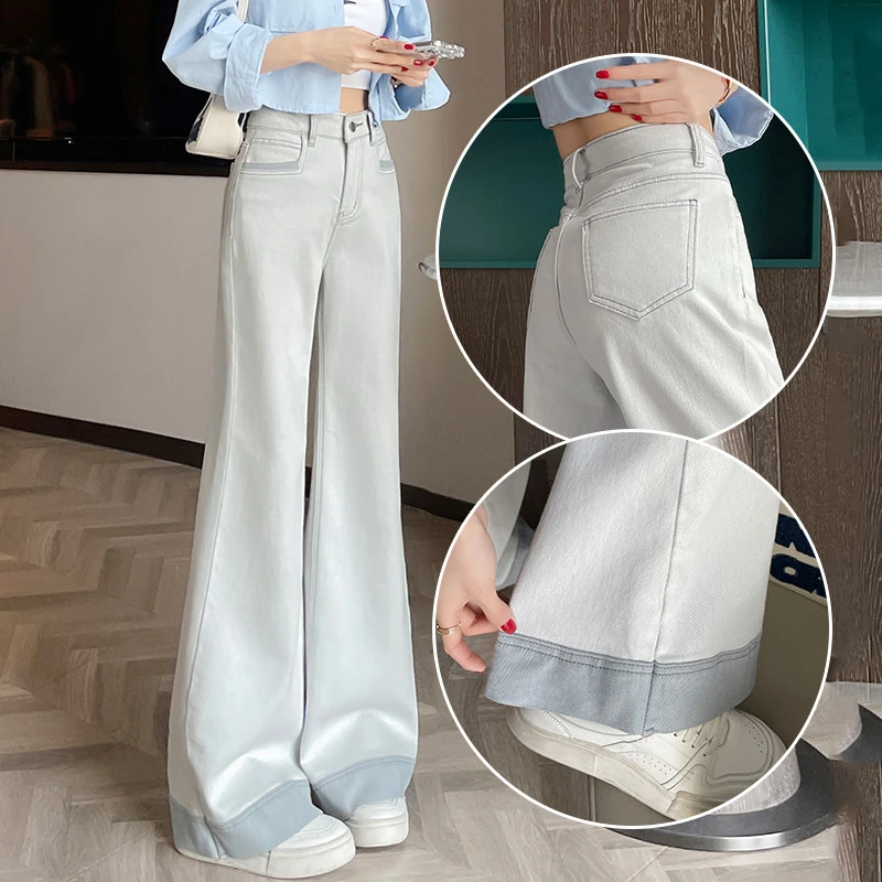 灰色阔腿牛仔喇叭裤女2025夏季高腰又a又飒穿搭拼接工装拖地裤子