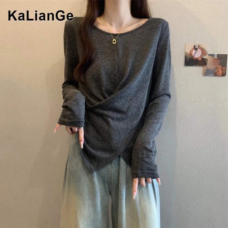卡莲格/不规则交叉设计圆领打底衫女早秋薄款胖mm显瘦长袖T恤上衣