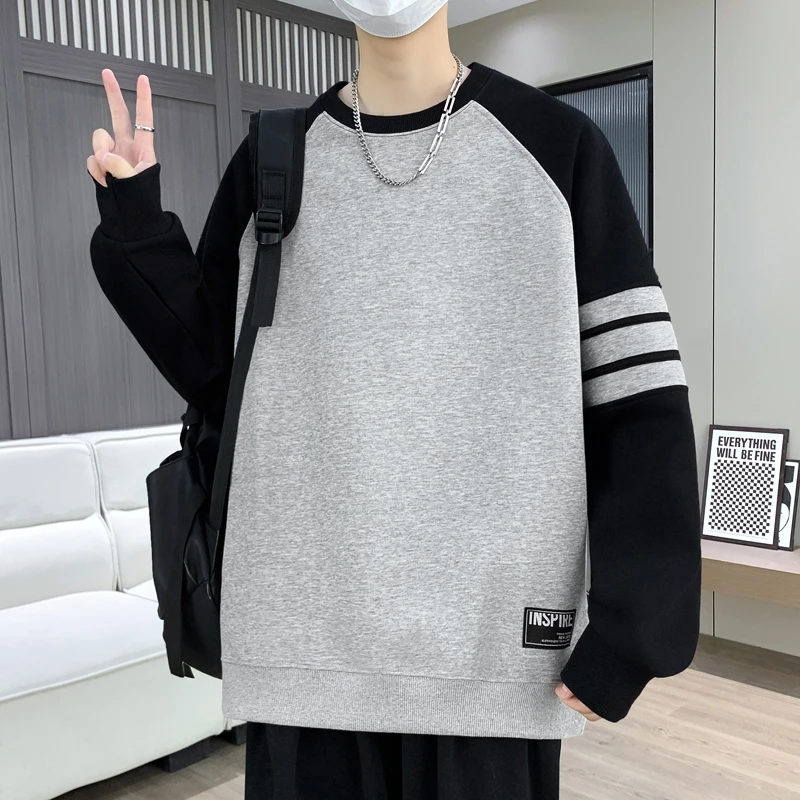春秋圆领潮流坎肩拼接长袖韩版宽松男设计感卫衣宽松青少年卫衣