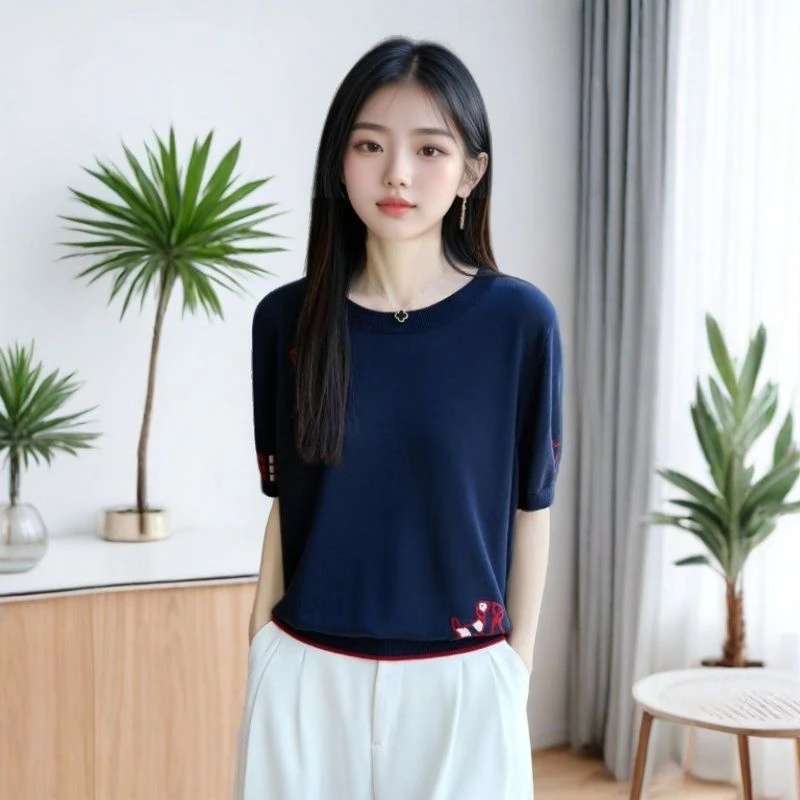 100%莱赛尔天丝夏季新款小狗提花圆领显瘦撞色短袖针织衫T恤透气