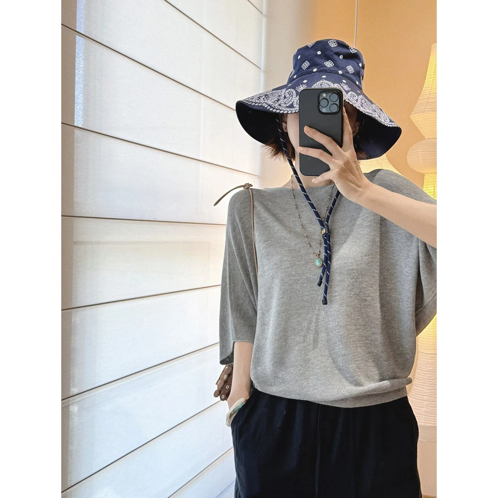 【MGDM】蝙蝠短袖天丝亚麻针织衫女夏灰米色圆领正反针上衣RN2537